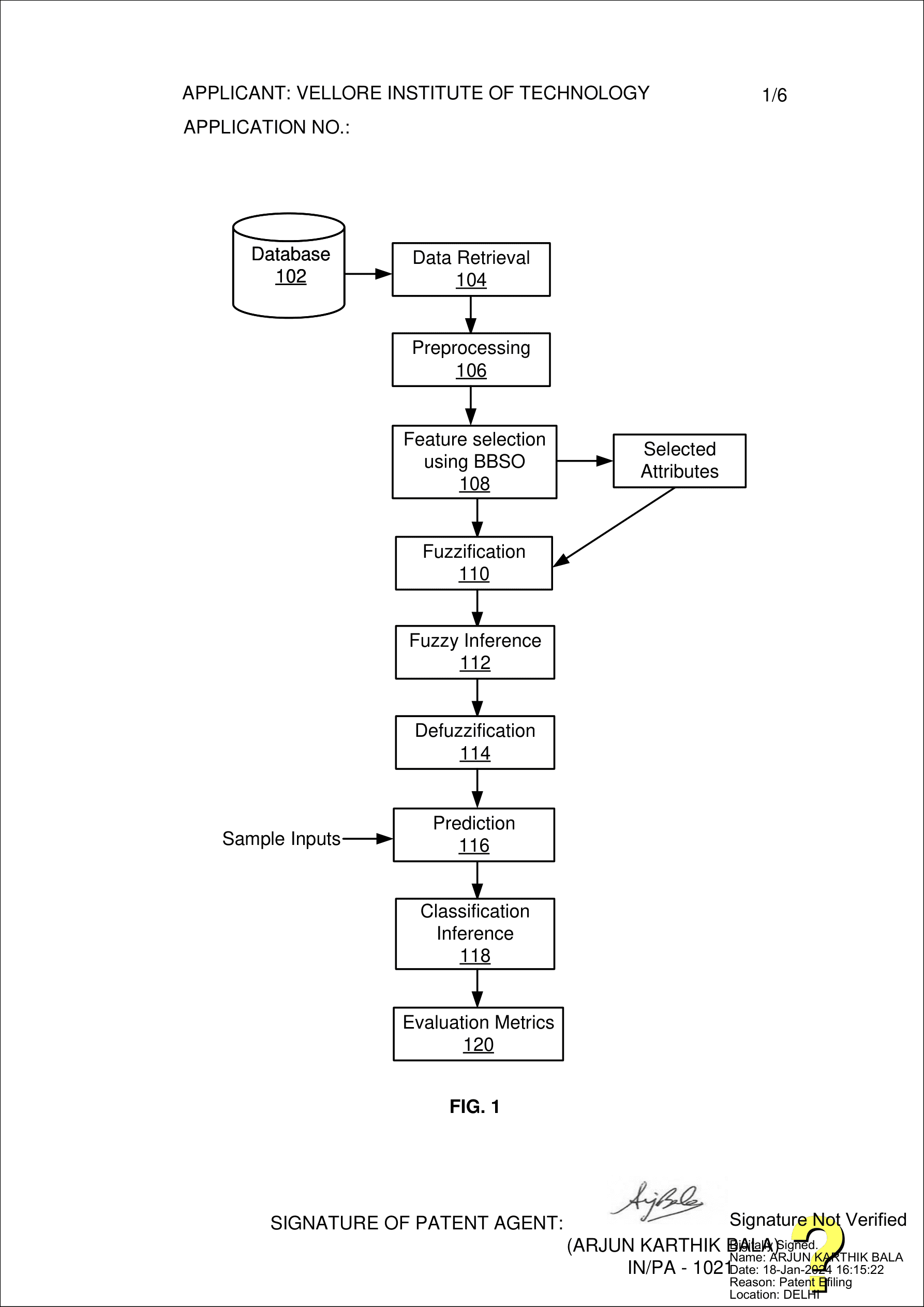 Patent drawing FIG. 1 — a flow diagram of the system pipeline: Database, Data Retrieval, Preprocessing, Feature selection using BBSO, Fuzzification, Fuzzy Inference, Defuzzification, Prediction, Classification Inference, Evaluation Metrics.