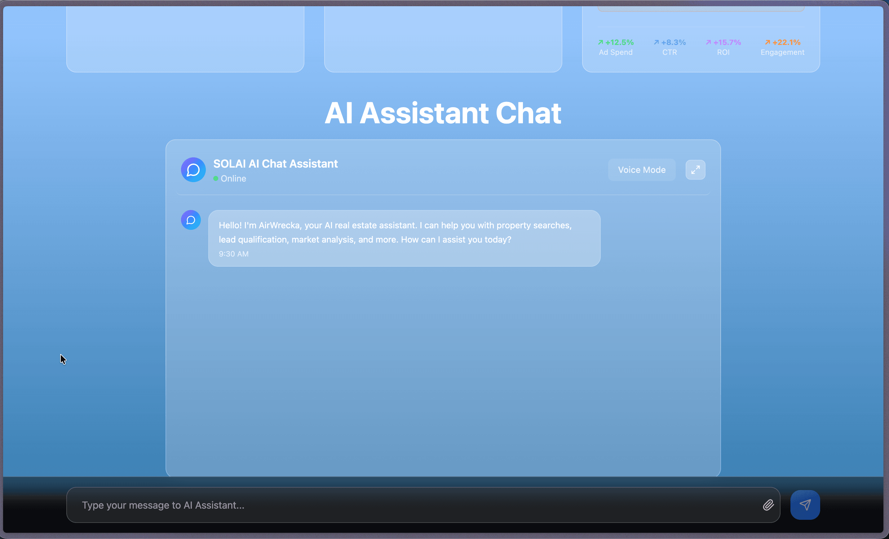 SolAI assistant chat interface, showing the agent introducing itself as AirWrecka, a real-estate assistant that can help with property search, lead qualification, and market analysis.