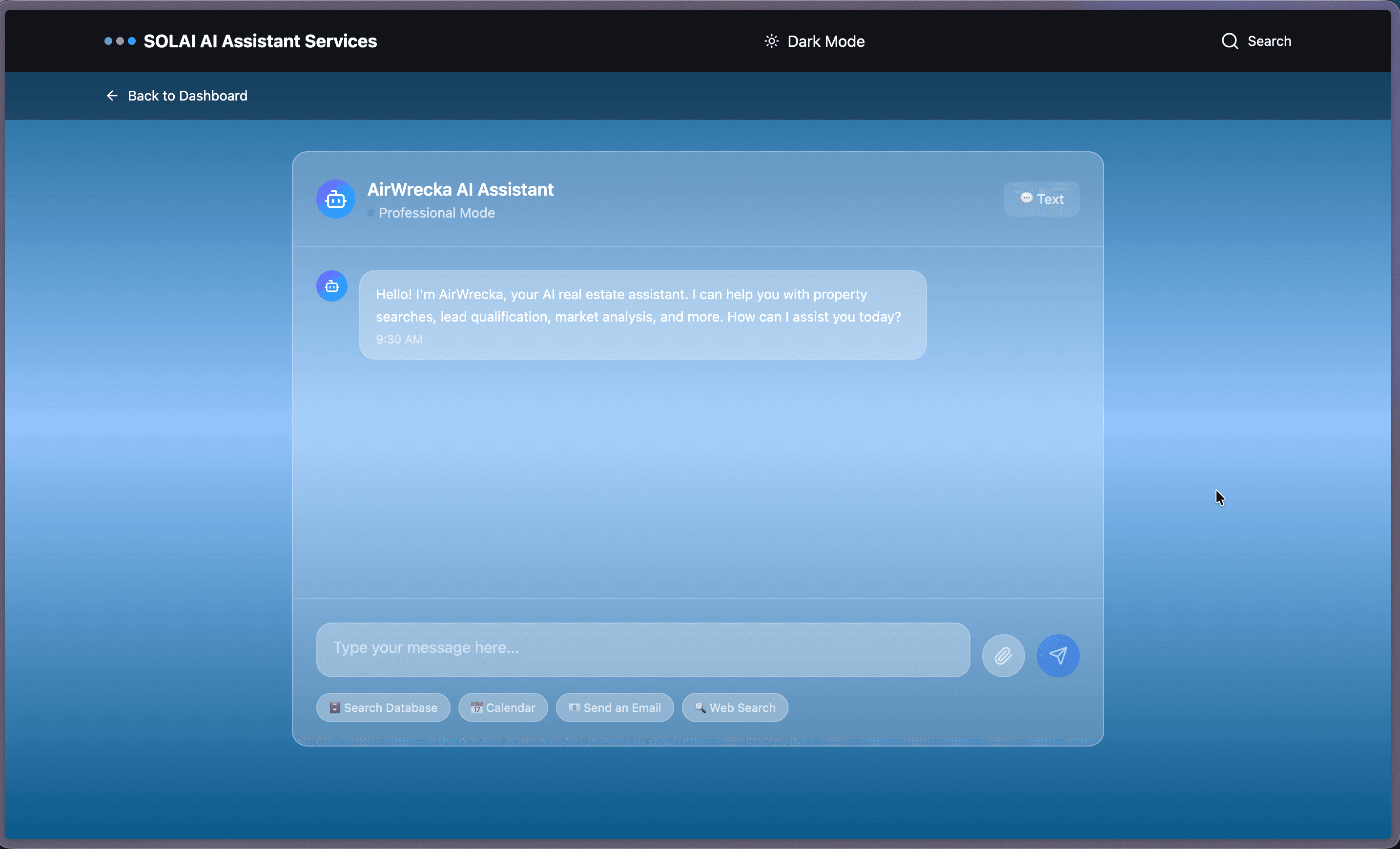 SolAI assistant chat interface in voice-input mode, with a red recording indicator and the same quick-action shortcuts as text mode.