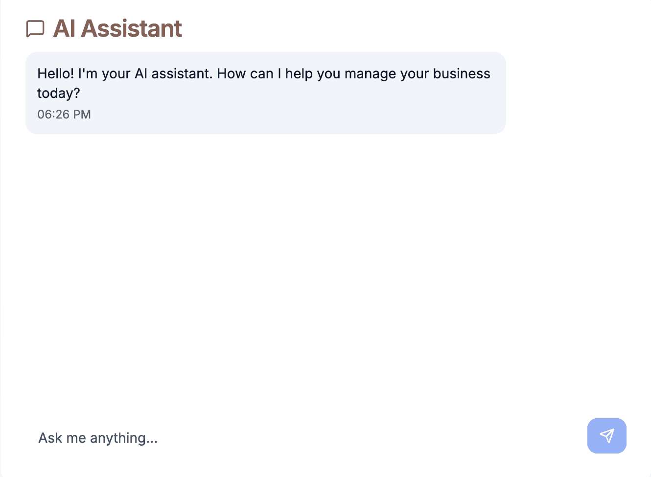 Close-up of the SolAI Dashboard's AI Assistant chat panel, showing its greeting message and input bar.