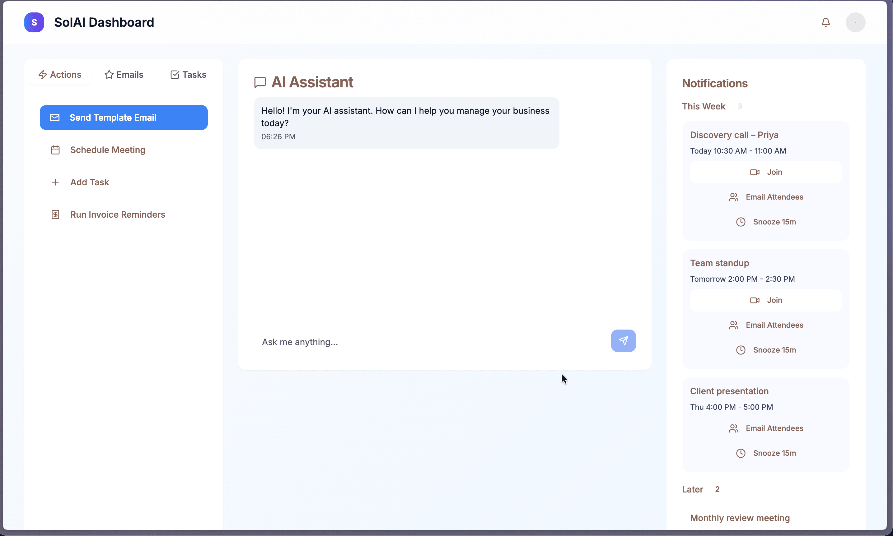 SolAI Dashboard operator view — three-column layout with an Actions panel on the left, AI Assistant chat in the center, and time-grouped notifications on the right.