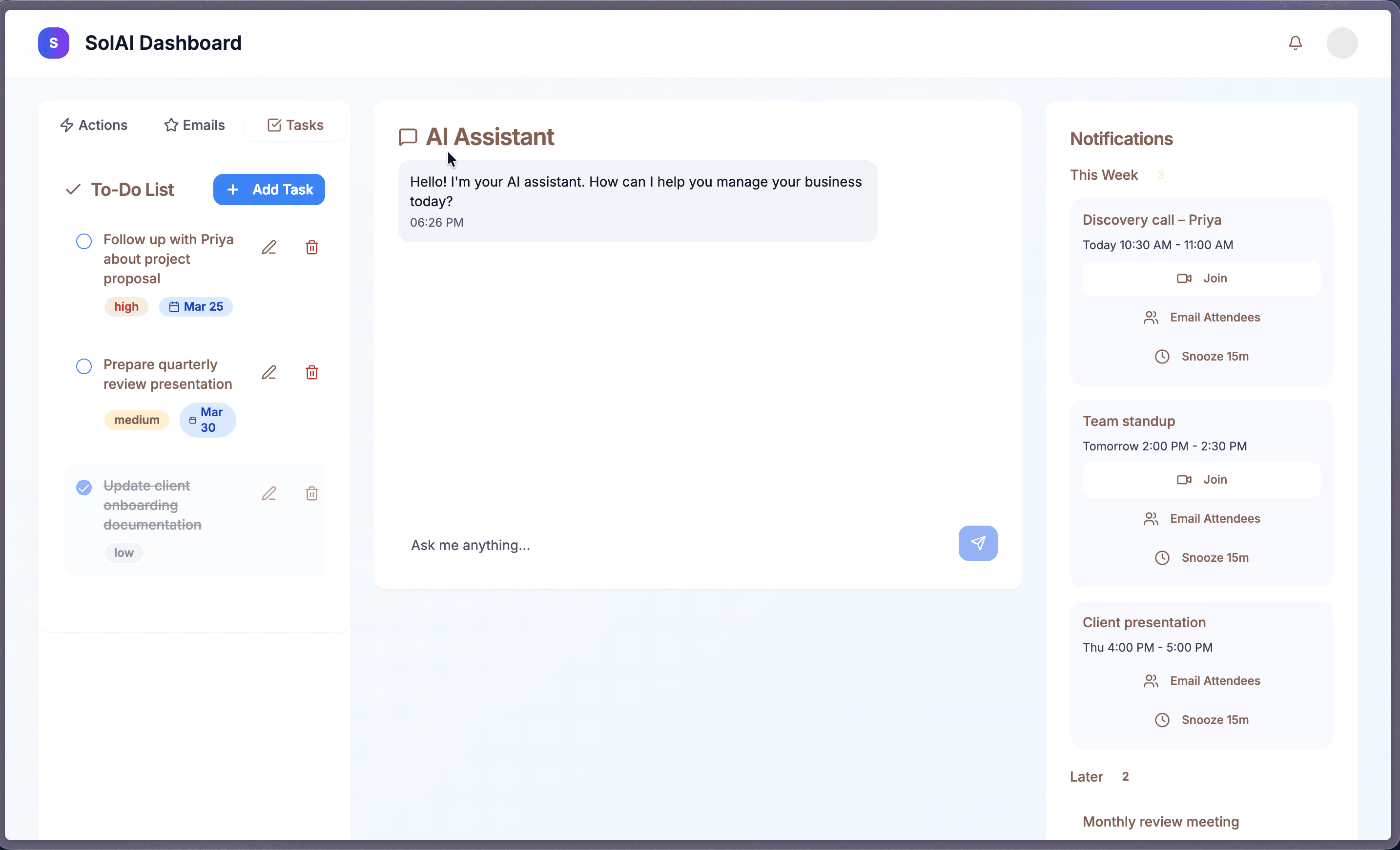 SolAI Dashboard Tasks tab showing a to-do list with priority tags, due dates, and a completed item.
