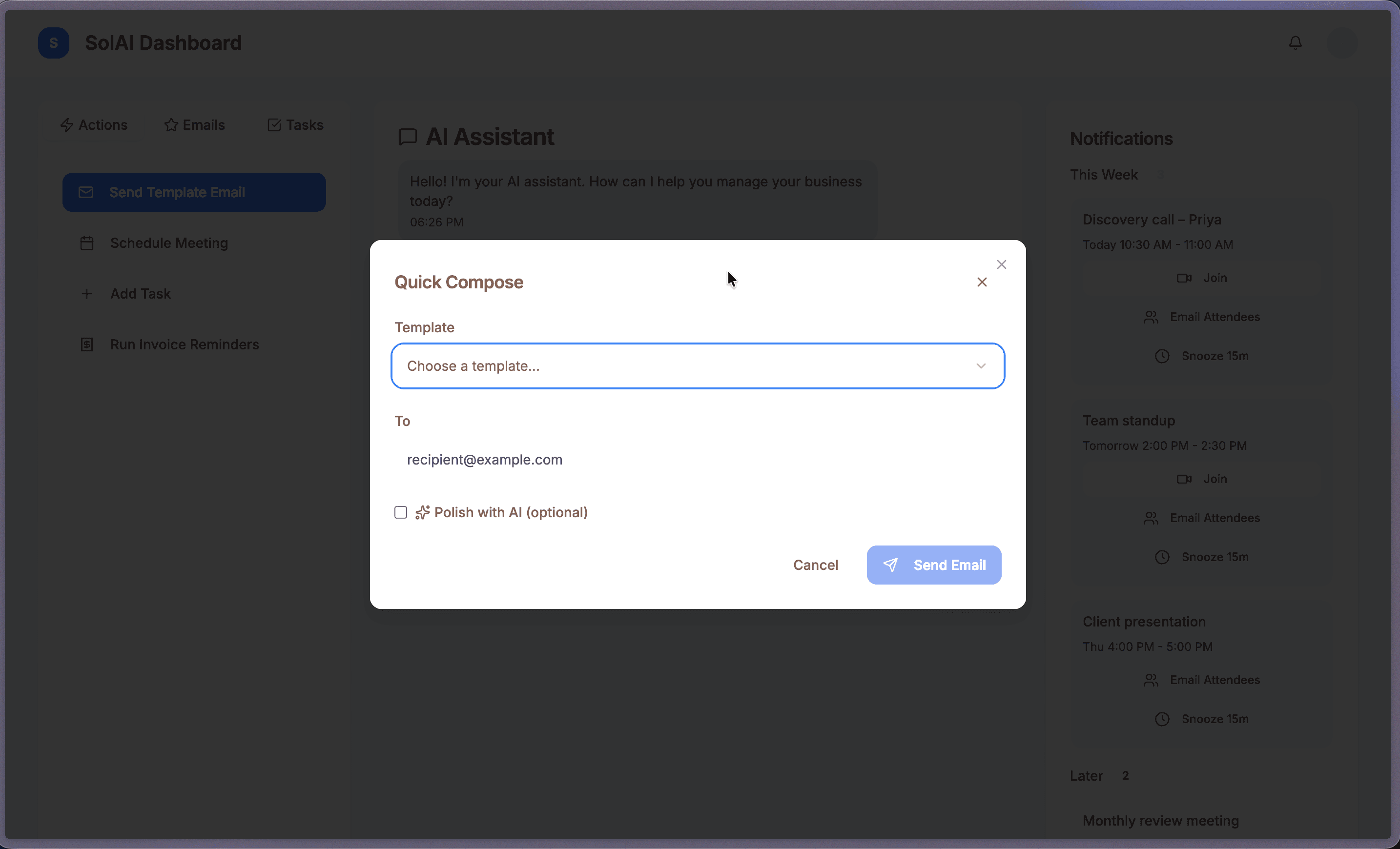 Quick Compose modal for sending a templated email, with a template picker, recipient field, and an optional AI-polish toggle.