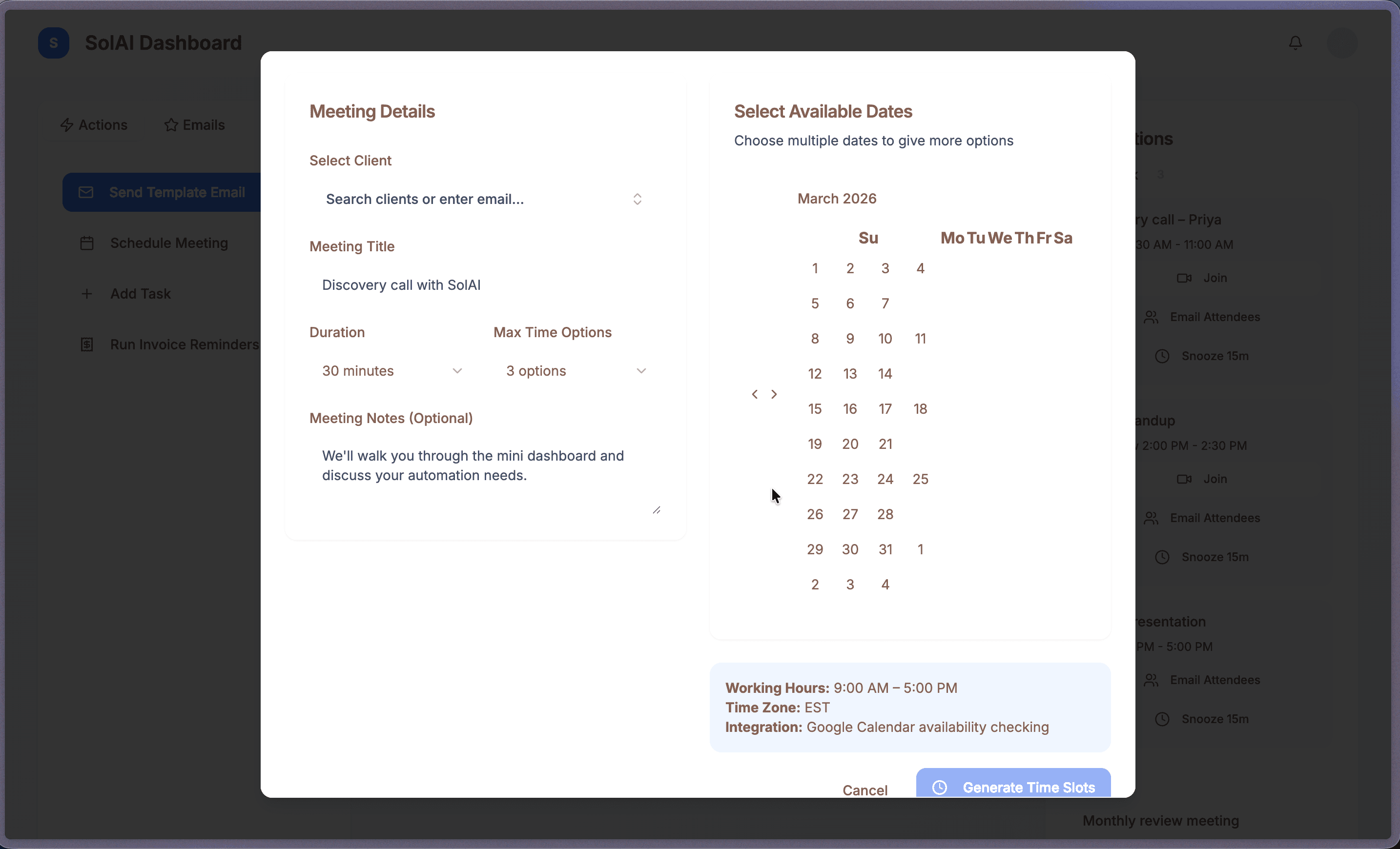 Schedule Meeting modal showing client selection, meeting details, a multi-date calendar, and working-hours/timezone settings.